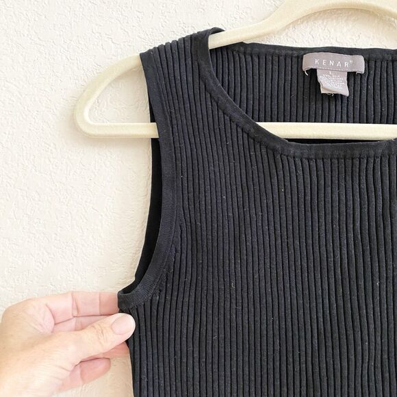 Kenar Womens Top Black Ribbed Large Sleeveless Scoop Neck Knit Silk Blend Tank - Picture 2 of 7